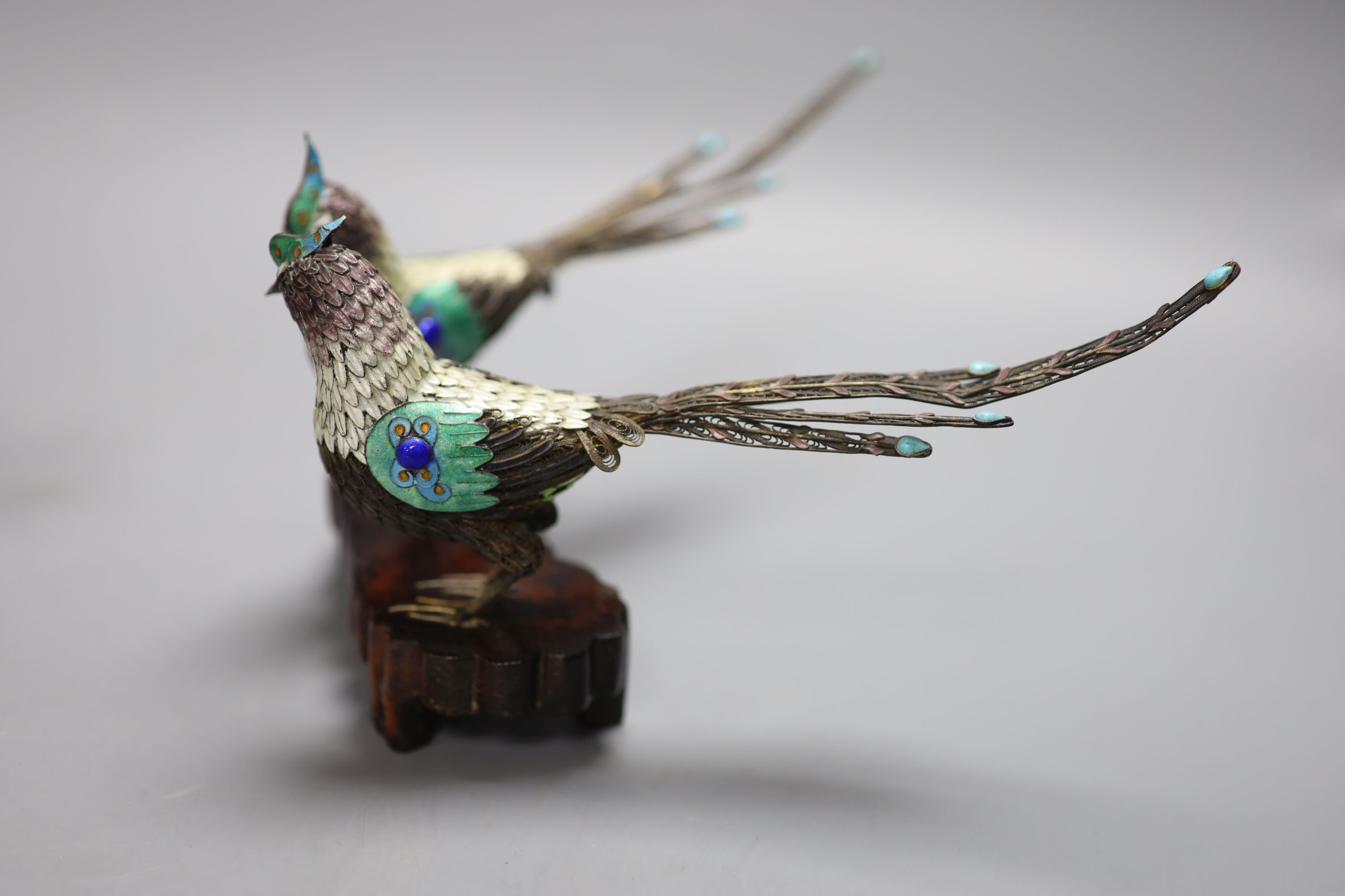 A Chinese white metal and enamel tripod censer (lacking cover), and two model pheasants